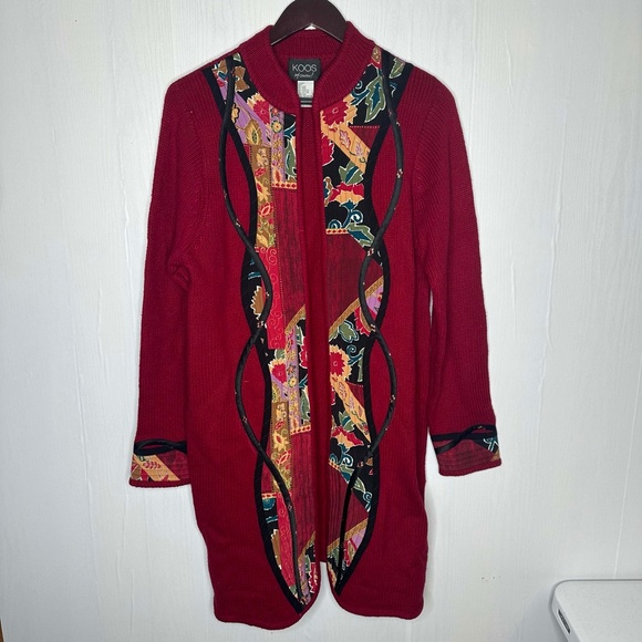 Koos of Course! Red Wool Silk Blend Open-Front Sweater Applique Sz Medium Women - Picture 4 of 10